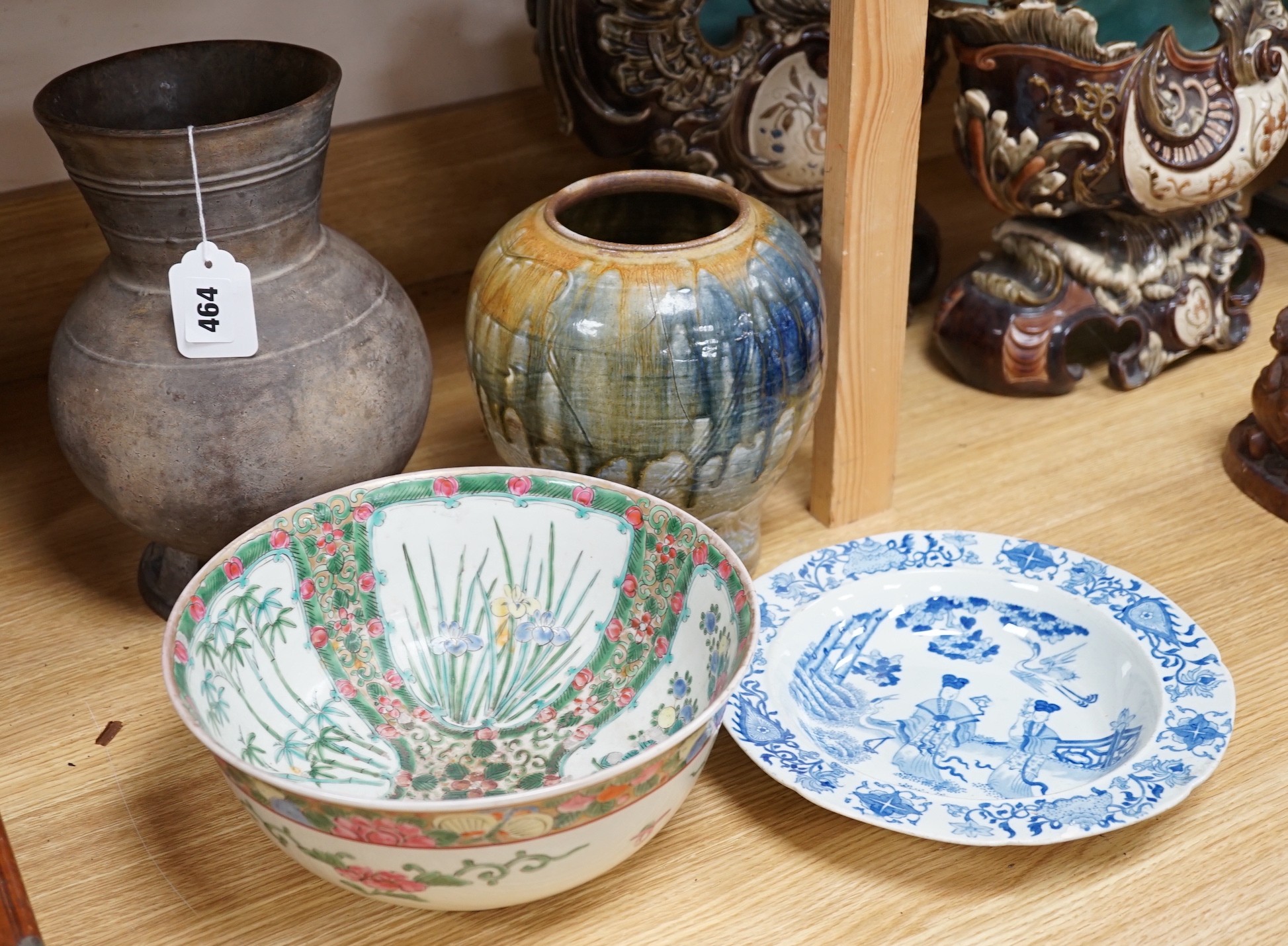 Two studio pottery vases, a Japanese enamelled porcelain bowl and a Masons Ironstone blue and white soup plate, tallest 28cm